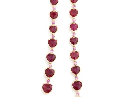 Long Heart Drop, 18K Yellow Gold, Pink Tourmaline + Pink Sapphire Earrings Cheap