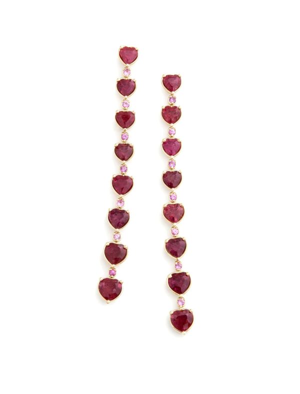 Long Heart Drop, 18K Yellow Gold, Pink Tourmaline + Pink Sapphire Earrings Cheap