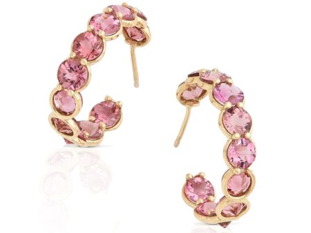 Round Faceted, 18K Yellow Gold + Pink Tourmaline Hoop Earrings For Sale