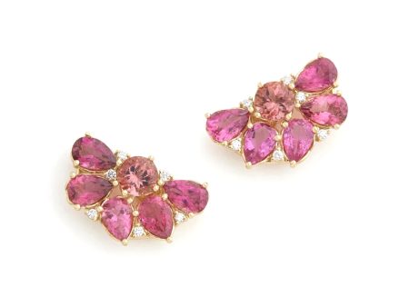 Floral Cluster, 18K Yellow Gold, Pink Tourmaline + Diamond Stud Earrings Fashion