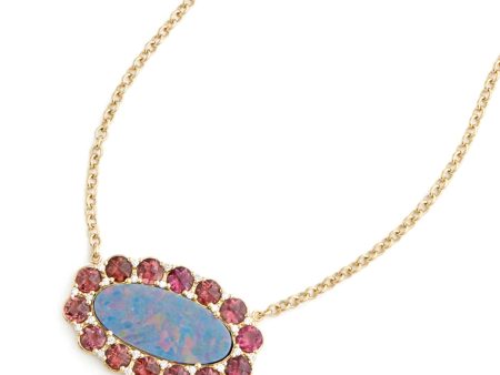 Opal, 18K Yellow Gold, Pink Tourmaline + Diamond Necklace on Sale