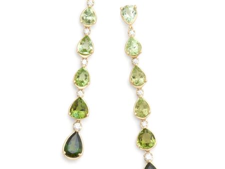 Ombré Pear Shape Drop, 18K Yellow Gold, Green Tourmaline + Diamond Earrings For Sale