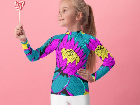 Girl s Pop Art BJJ Long Sleeve Rash Guards - Roy Lichtenstein Inspired Dahlia Print 001 on Sale