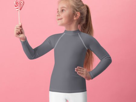 Adorable Coverage: Kids Girl s Long Sleeve Rash Guards in Solid Color - Charcoal Cheap